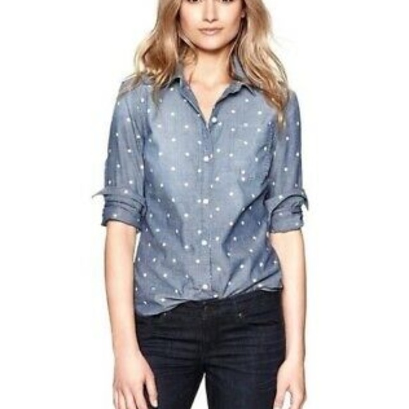 J Crew Chambray Classic Button Down polka dot Top - Picture 1 of 4